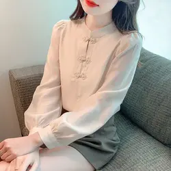 New Chinese Style Stand Up Collar Buckle Long Sleeved Chiffon Shirt for Women with a Versatile Temperament and a Small Top