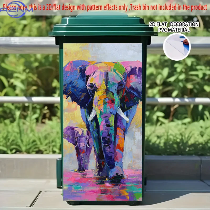 2D Flat Printing 1pc 2D Pattern Printed Kitchen Trash Can Sticker xcm Colorful Elephant Herd Strolling Themed Kitchen Home Dec