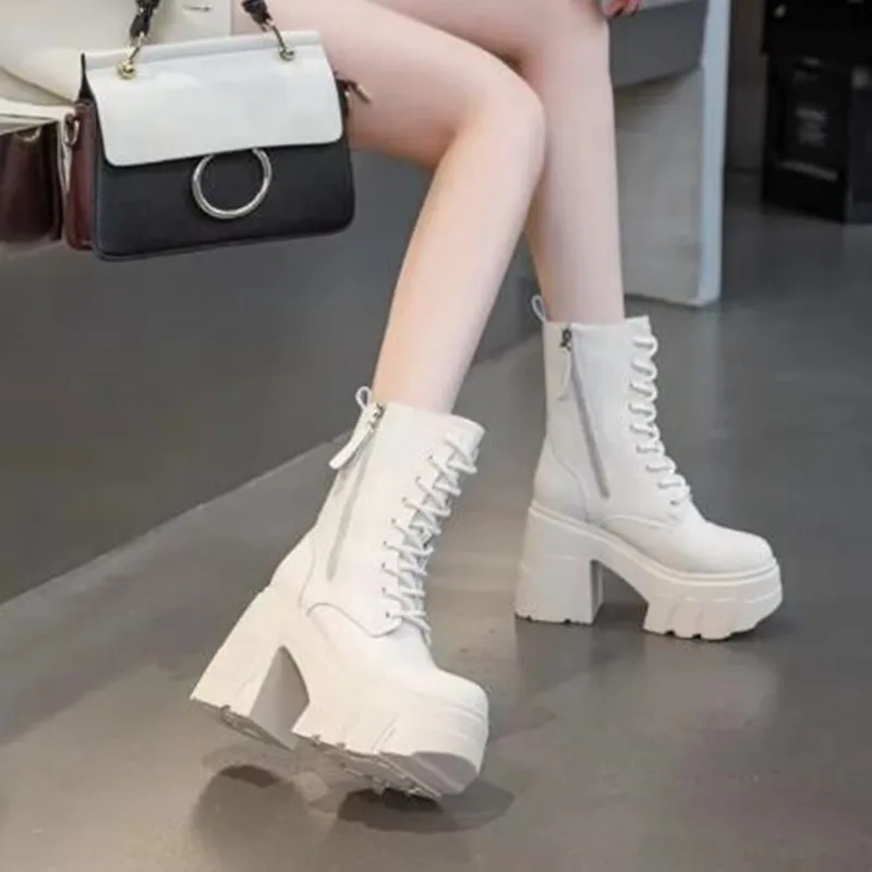 NOWOŚĆ Punk Gothic Women Boots 11CM Platform Wedge Knee High Fashion British Boot ZIP Leather Ankle Spring Synthetic Autumn Shoes — zdjęcie 6