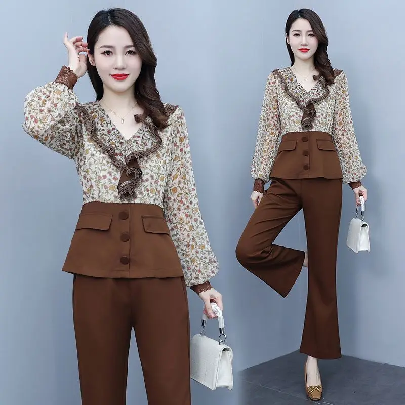 Korean Popular Ruffle Collar Long-sleeved Chiffon Shirt Casual Pants Two-piece Elegant Women's Pants Set Temperament Tracksuit