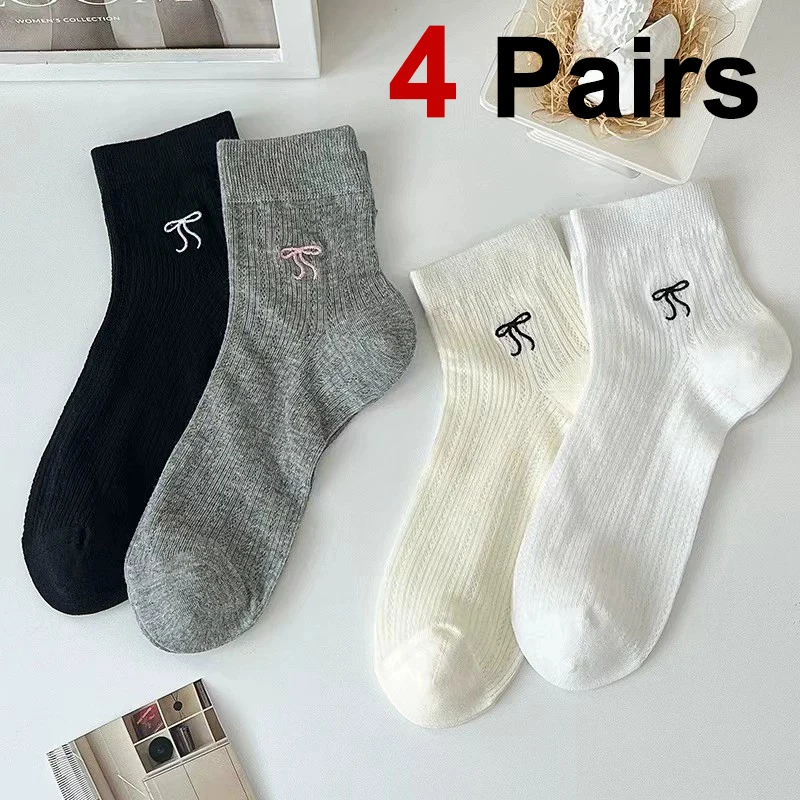 

4 Pairs Women Butterfly Print Mid Tube Socks Summer Thin Design Sweat Absorbing Breathable Soft Comfortable Casual Socks