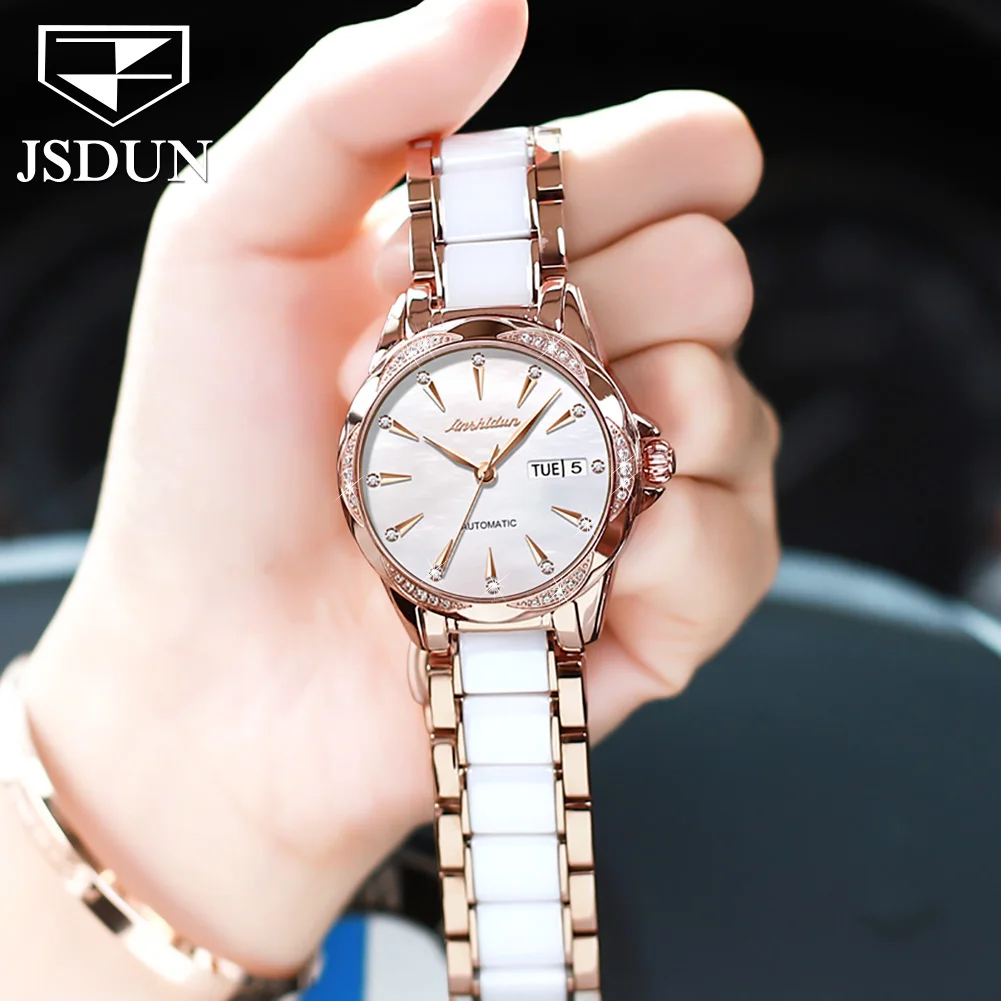 JSDUN Automatic Mechanical Watch for Women Luxury Diamond Pearl Shell Dial Elegant Rose Gold Ceramic Strap Ladies Wristwatches