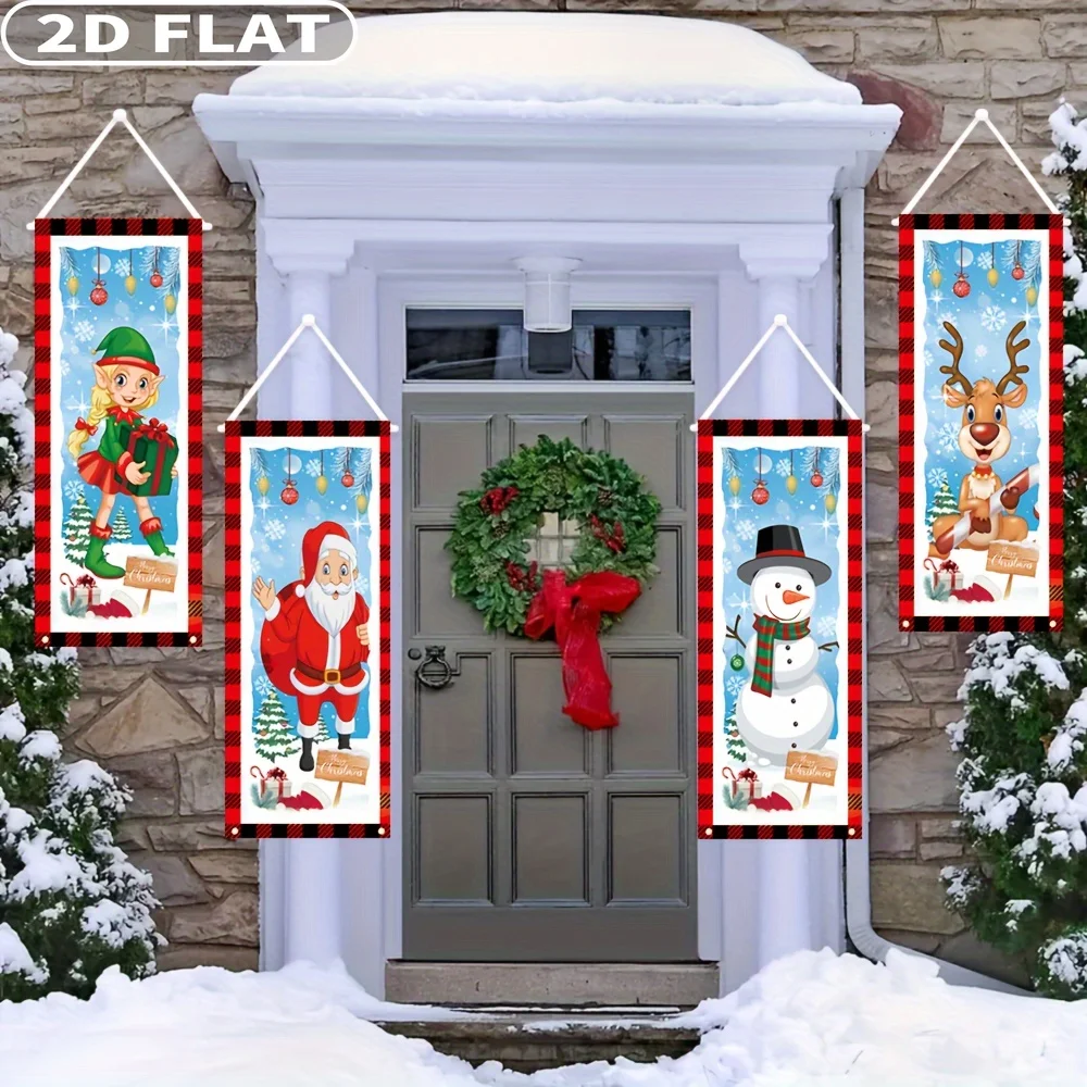 2D FLAT 4pcs Christmas Hanging Banners Set, 40x102cm Multipurpose Polyester Holiday Porch Hangings