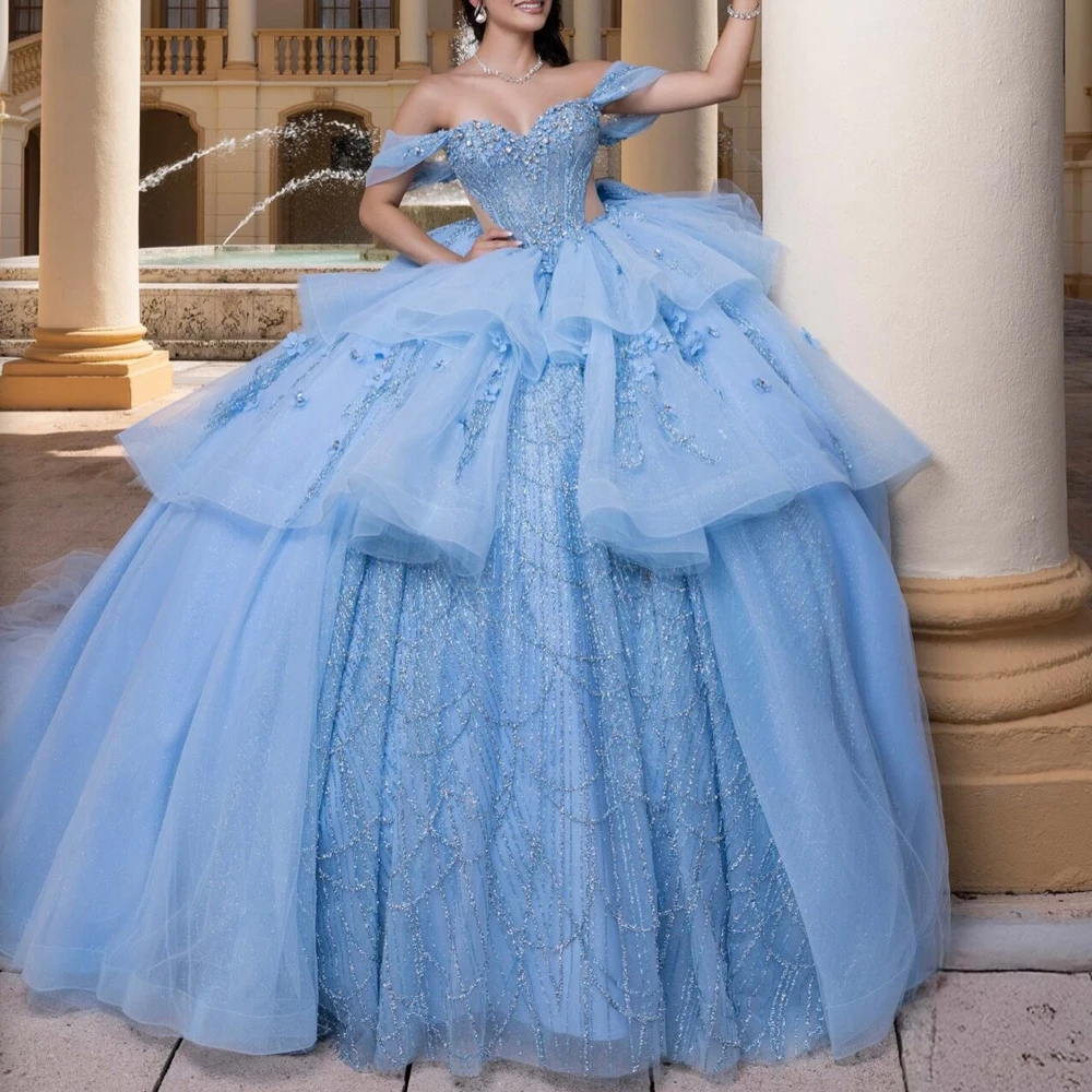 Customized Ruffles Tiered Quinceanera Dresses Luxurious Beaded Sequin Vestido de fiesta de Blue Ball Gown Birthday Dress