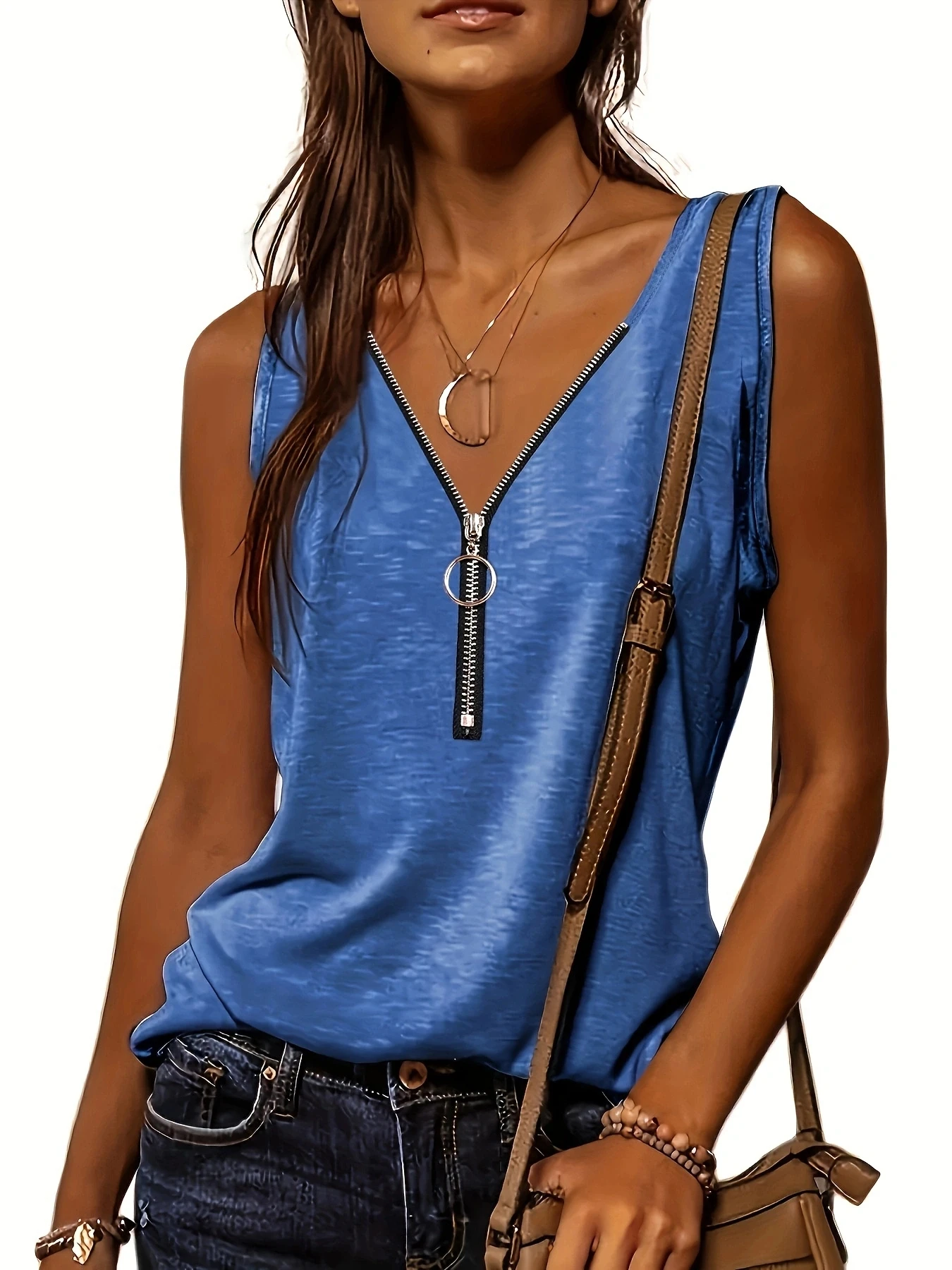 Versatile Women's V-Neck Half-Zip Tank Top - Casual All-Season Wear with Durable Stretch Fabric