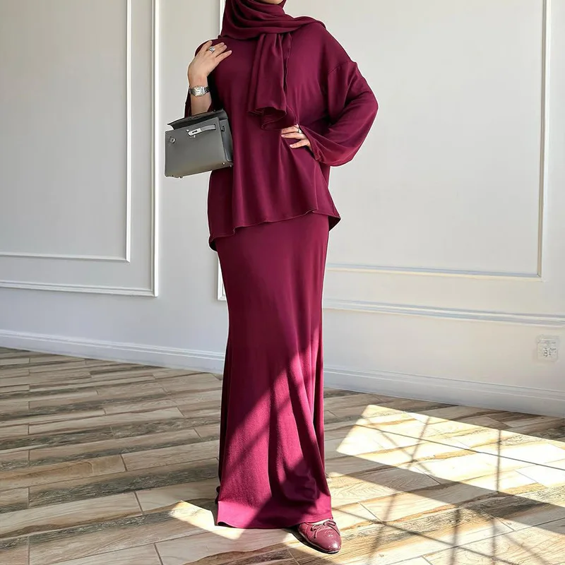 HKSH Spring Autumn New Women Two-piece Set O-neck Long Sleeve Solid Color Tee With Headscarf Casual Skirt Elegant Trendy HK12206