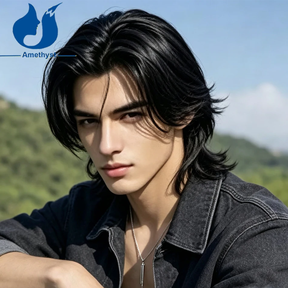 Amethyst Pre Styled Men's Mullet Wig Wolf Cut Natural Wave Layers Middle Part Remy Human Hair Short Cut Pre Plucked for Boys
