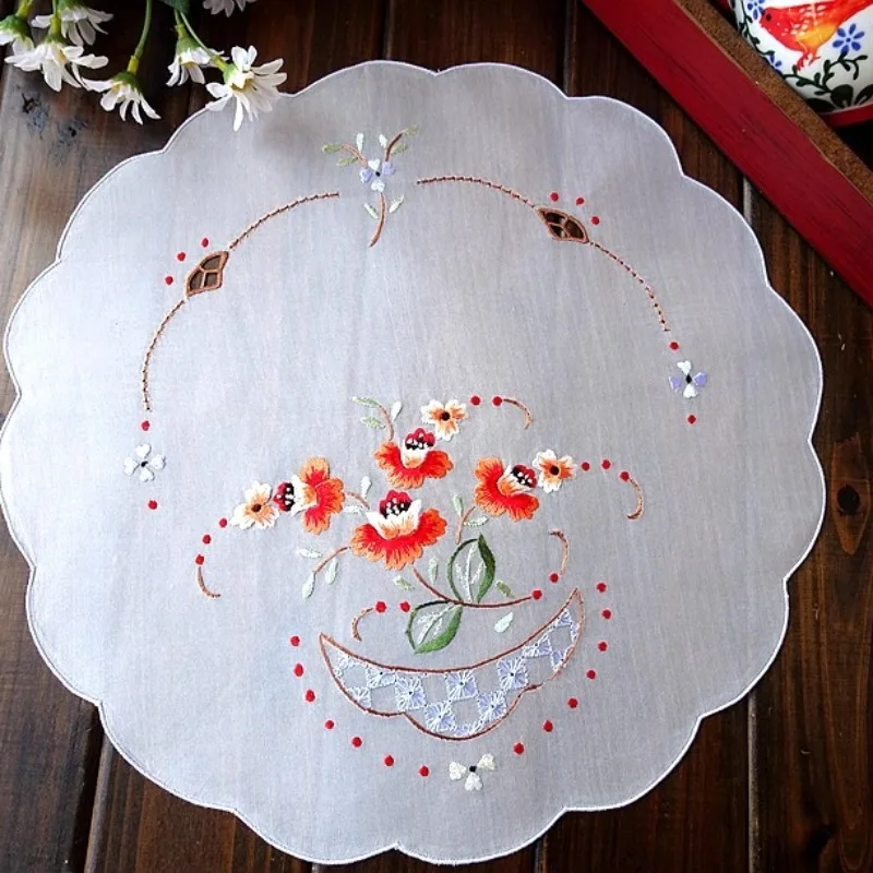 1pc Silk Hand-embroidered American Retro Floral Round Mat Coaster Vase Mat Decorative Cover 32CM Round