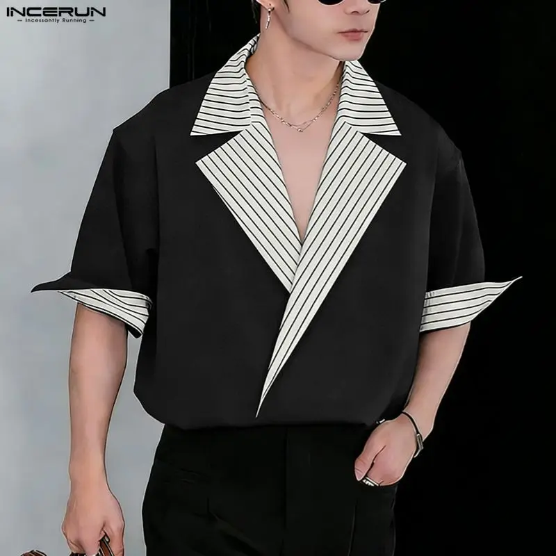 INCERUN Men's Shirt Striped Patchwork Short Sleeve Summer Men Clothes Streetwear 2026 Korean Style Fashion Tops Shirts For Man