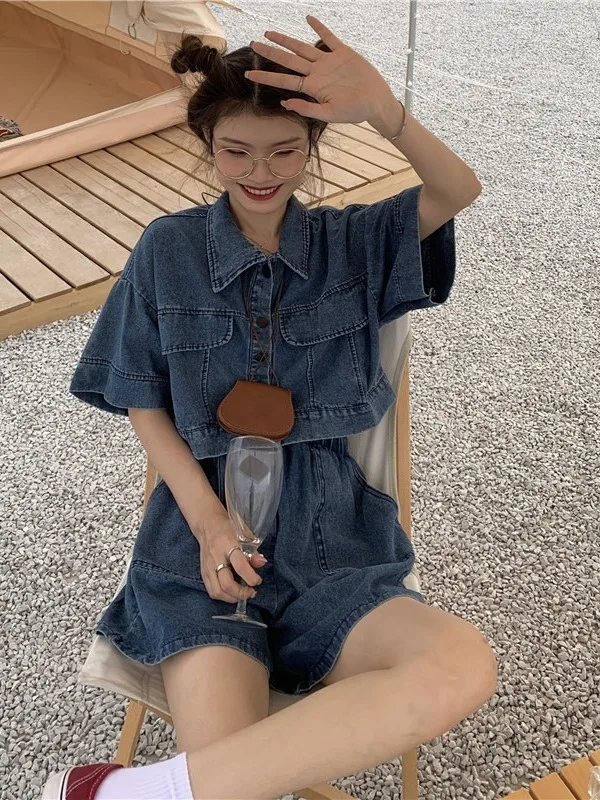 

Vintage Short Sleeve Denim Shirt And Shorts Set Women's Loose Lightweight Summer Fashion Two-Piece Suit Cotton High Waist