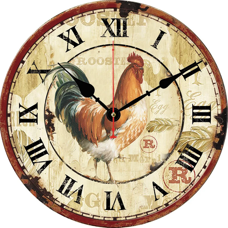 Reloj de pared redondo de gallo Vintage, sala de estar, dormitorio, cocina, decoración del hogar, reloj de pared, reloj de cuarzo silencioso, artículos de decoración del hogar