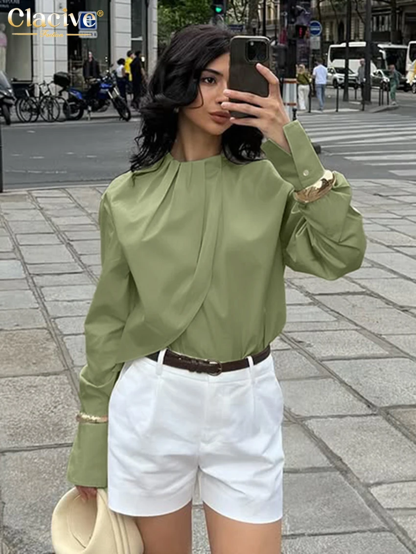 Clacive Fashion Loose Green Cotton Women's Shirt 2025 Casual O-Neck Long Sleeve Shirts Elegant Classic Solid Top Female Clothing