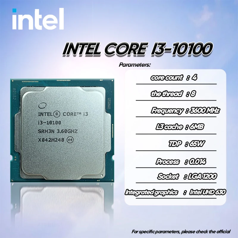 Intel Core i3-10100 NEW i3 10100 3.6 GHz 4-core 8-thread CPU  L2 = 1M L3 = 6m 65W LGA 1200 new but no fan