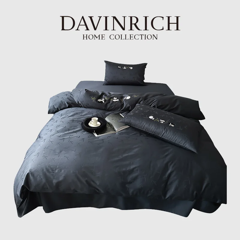 DAVINRICH French Retro Chinese Panda Bamboo Leaf Jacquard Duvet Cover Set Luxury Cotton Bed Sheet Set Insta Popular Home Decor