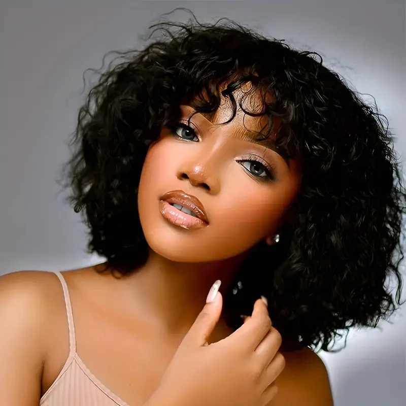 

Short Curly Wigs With Bangs Human Hair Short Black Peruvian Bob Wigs Human Hair Brazilian Machine Made Cheap Wigs 12Inch 180%