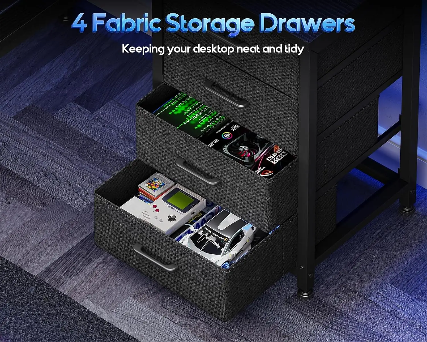 L-Shaped Gaming Desk with Shelf, 4 Drawers, LED Light, Reversible, Black