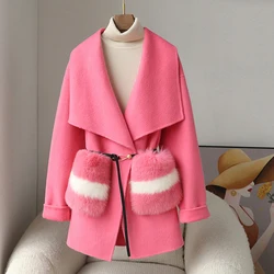 Lady Elegant Wool Coat 2024 New Design Women Real Fox Fur Pocket Overcoat Big Collar