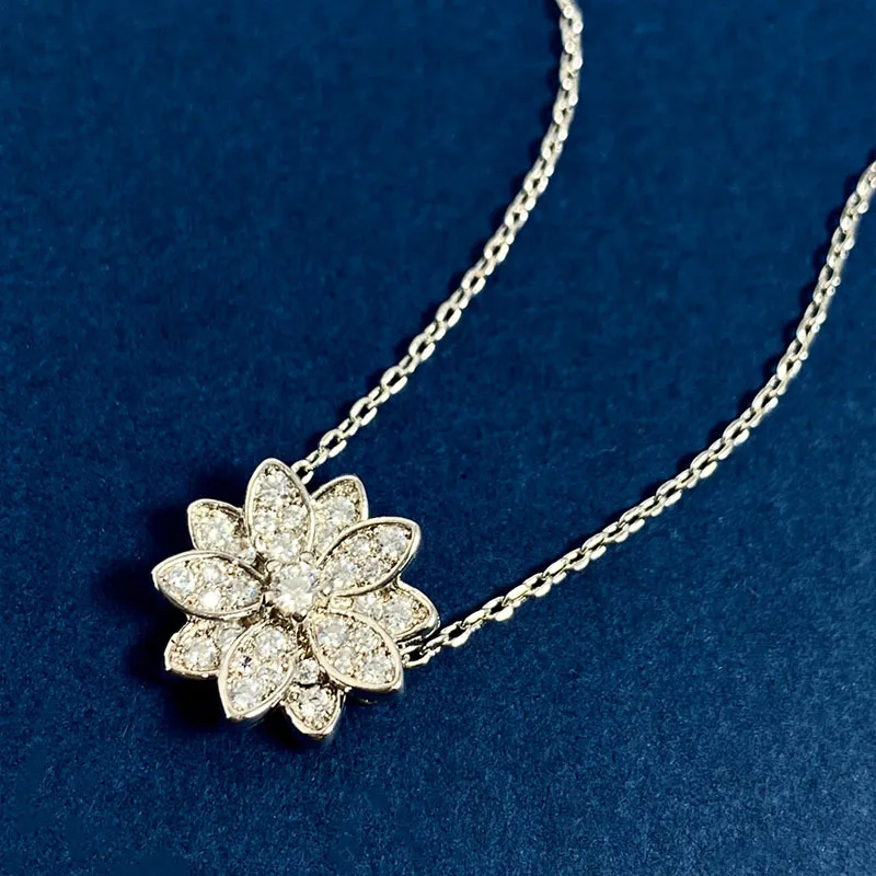 925 Sterling Silver Plating Does Not Fade Chinoiserie Lotus Full of Diamond Pendant Necklace for Women Fine Brand Jewelry Gifts