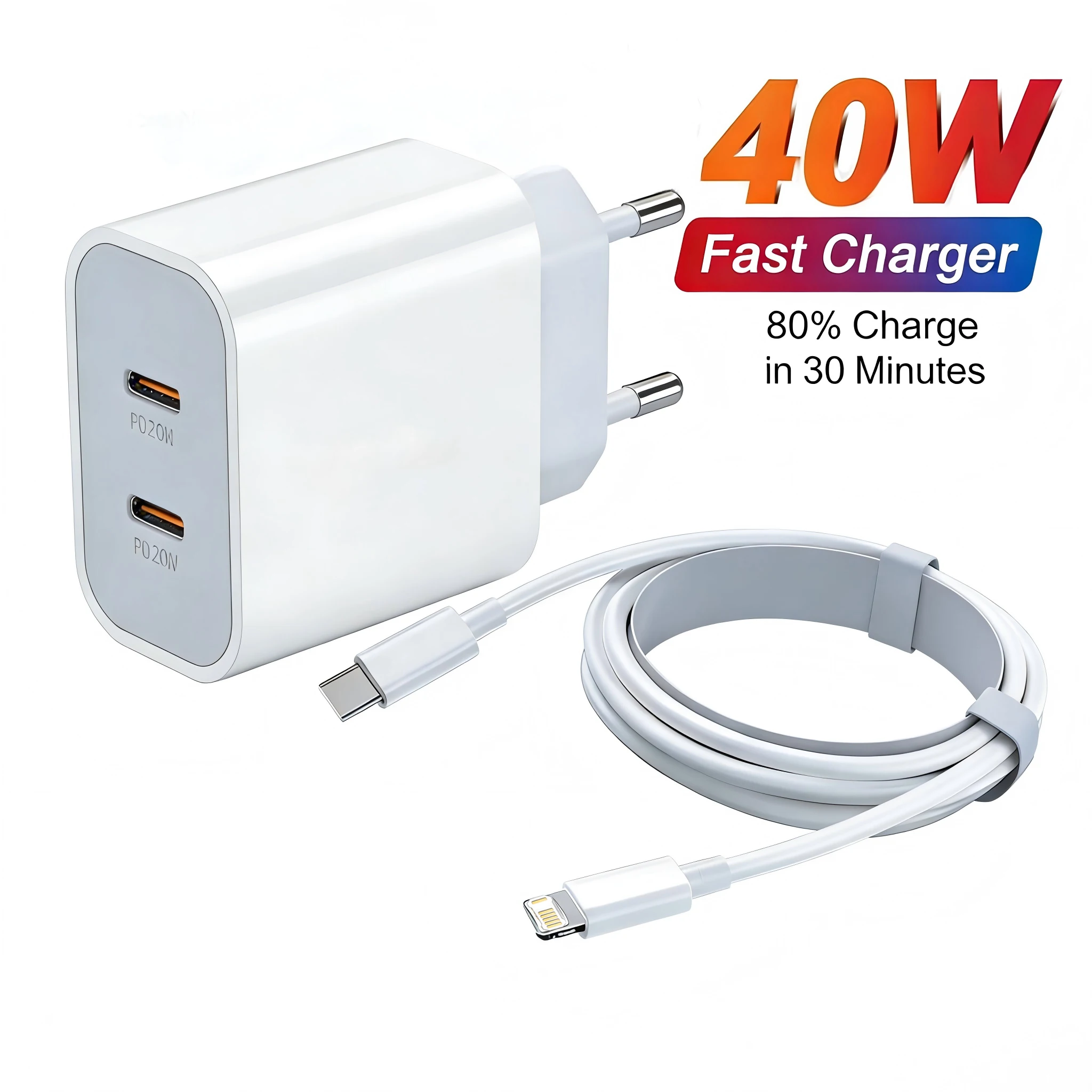 Carregador Rápido Original de 40W Tipo C para iPhone 17 16 15 14 13 12 11 Pro Max Plus Cabo de Carregamento PD Acessórios para Celular