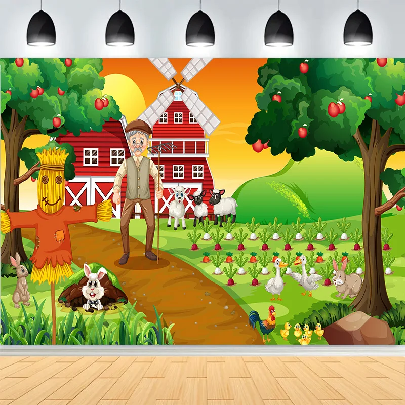 مشهد المزرعة رجل المزارع القديم والحيوانات اللطيفة خلفيات للتصوير الفوتوغرافي الحمراء الحظيرة طاحونة الألبان البقرة حفلة عيد ميلاد خلفية NC-04 #4