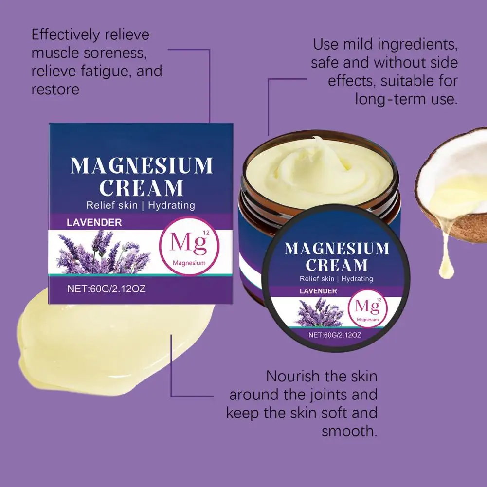 Lotion pour le corps au magnésium, crème sans OGM, soulage les douleurs musculaires, lisse et adoucit la peau pour une meilleure qualité du sommeil, relaxation de l'anxiété, 60g