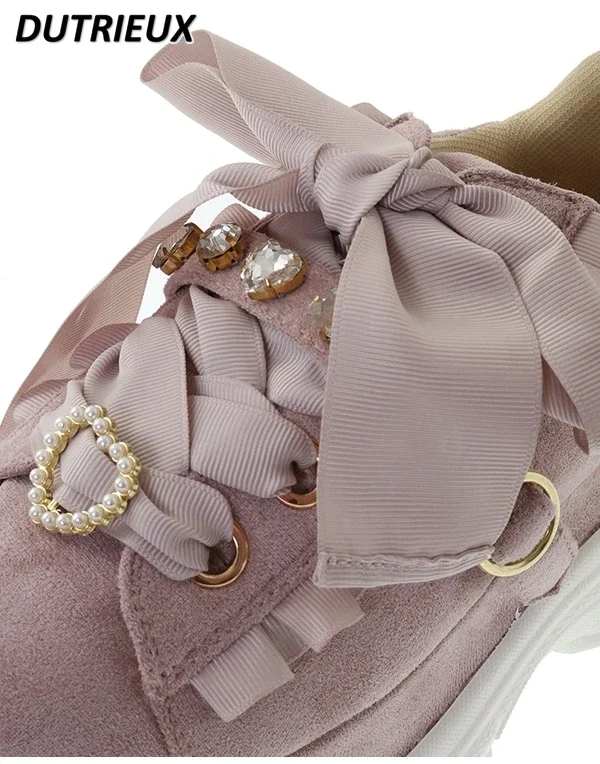 Japanese Sweet Lolita Heart Shape Rhinestone Bowknot Platform Sneaker Spring and Autumn Sweet Pink Casual Shoes Women\'s Shoes