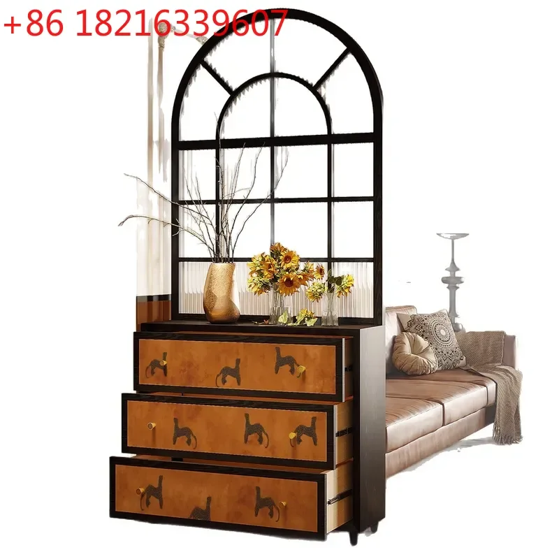 YAORetro Abstract Solid Wood Entrance Cabinet with Changhong Glass Partition Entry Door Screen Living Room Storage Locker