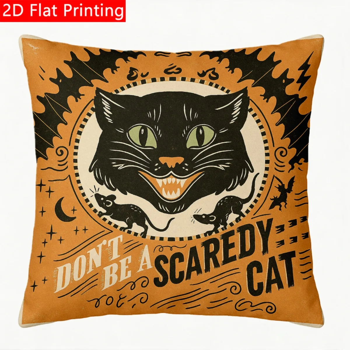 2D Flat - 1pc 2D Flat Throw Pillow Cover with Don'T Be A Scaredy Cat Halloween Poster Print Premium Polyester Soft, Lightweight And Reusable Cushion Cover Without Pillow Core Suitable for Sofa, Bed And Home Decor A Thoughtful Gift for Father's Day