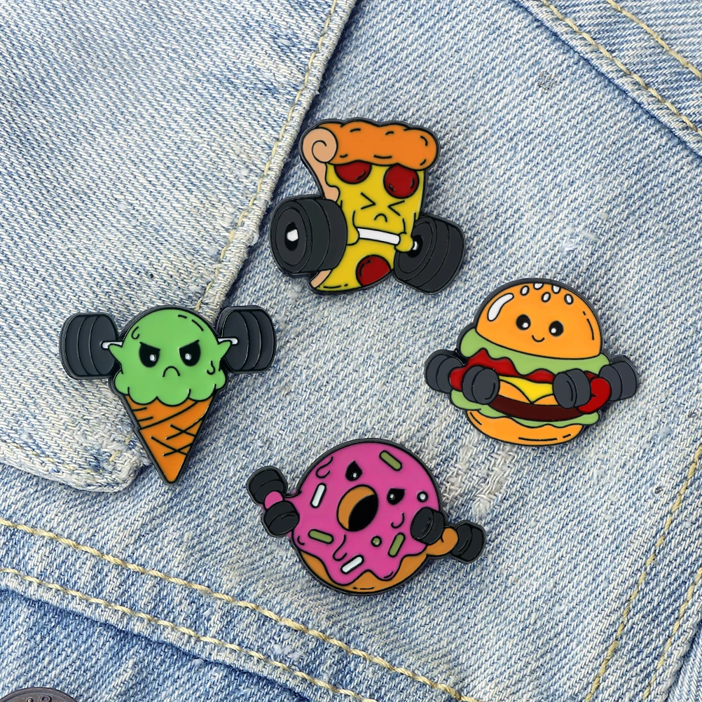 Food & Dumbbell Brooch for Fitness Lover Cartoon Hamburger Pizza Donuts Ice Cream Exercise Enamel Pin Creative Denim Lapel Badge