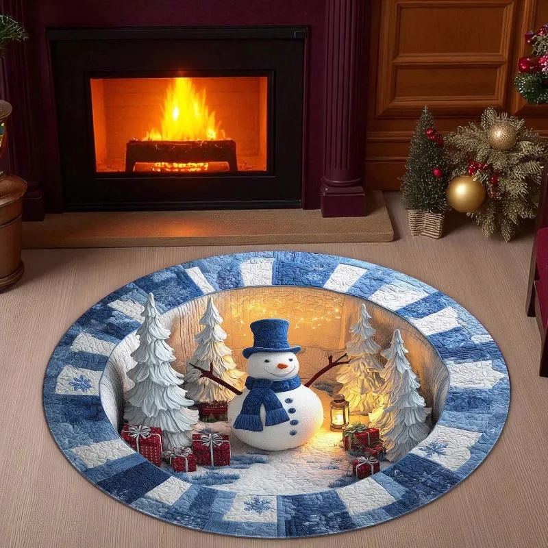 3D Snowman Christmas Round Carpet Blue Winter Rug Holiday Snow Scene Floor Mat with Lantern and Gifts Cozy Christmas Decoration