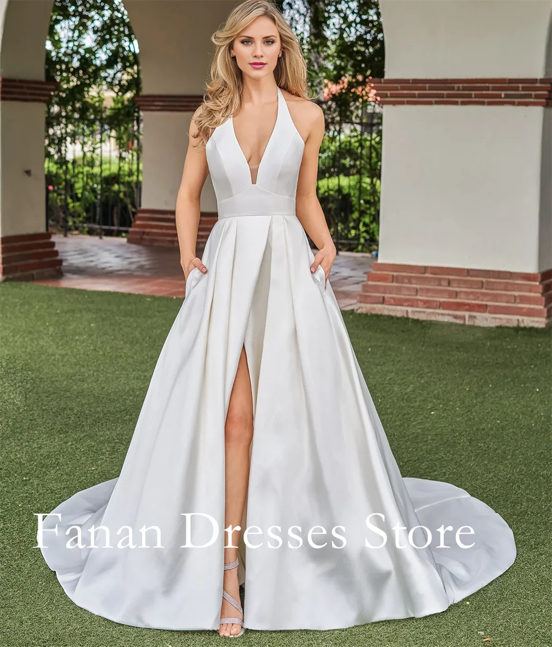 

FANAN Halter Neck Satin Bride Dresses with Side Pocket A-Line Sleeveless Backless Wedding Dresses 웨딩드레스 Ivory Customized