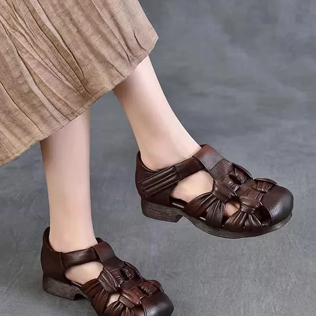 

Handwoven Cotton Linen Women's Sandals Head Cover Flat Heel Rubber Outsole Leather Upper Summer Casual Footwear