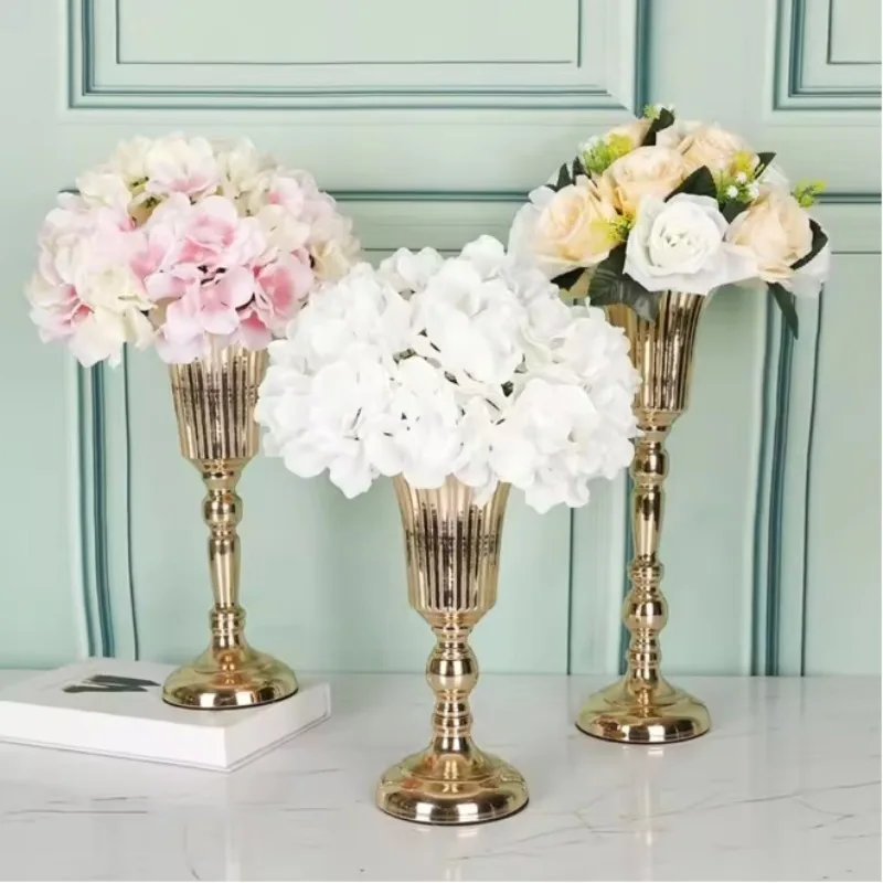European Style Wrought Iron Gold Iron Vase FIower Art Anti-fall Wedding Photo Props Golden Simulated Flower Holders Table Decor