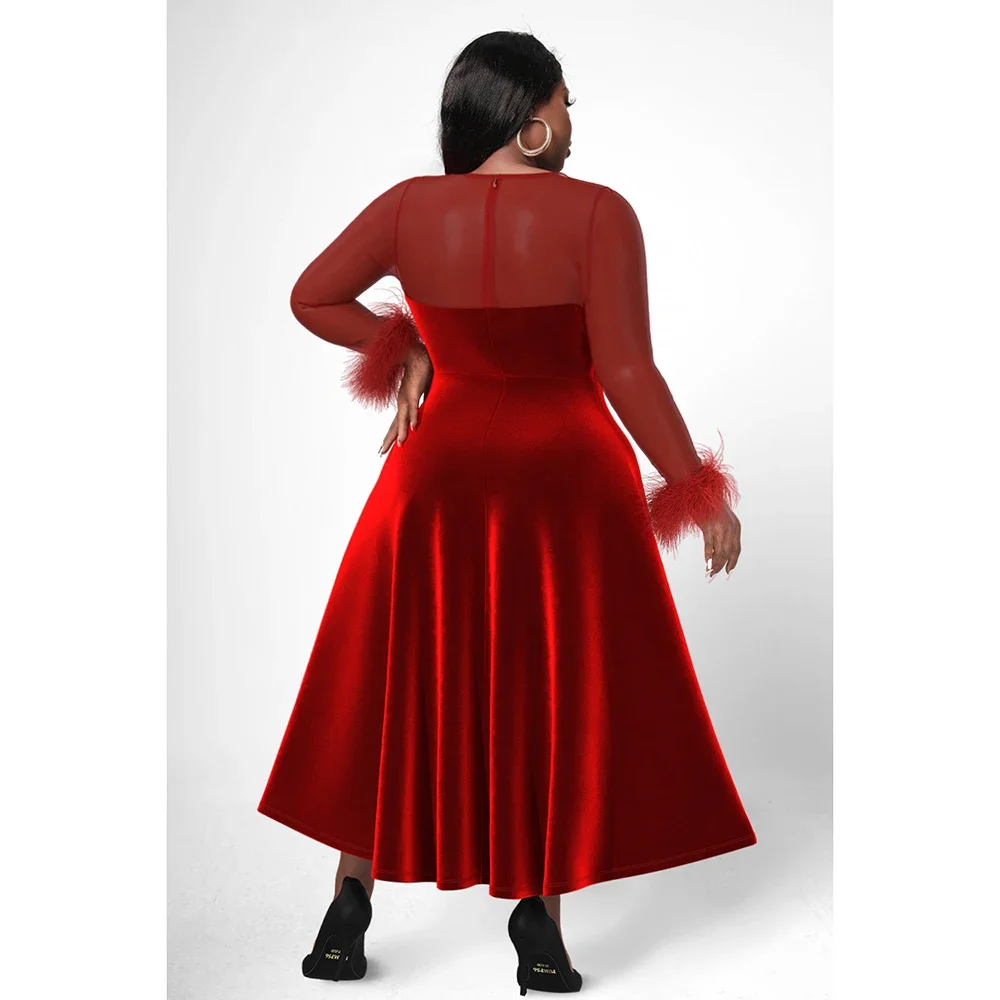 Plus size festa de natal a linha vestidos midi elegante vermelho outono inverno tripulação pescoço manga longa ver através de vestidos midi de veludo