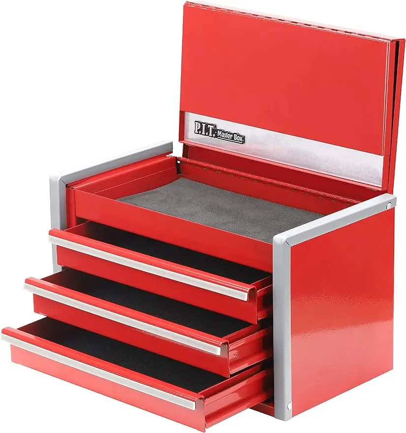 

P.I.T. Mini Red Tool Box, Portable 3 Drawer Steel Tool Box with Magnetic Tab Locking, Red Micro Top Chest with Liner for Tools S