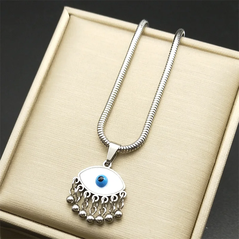 Evil Demon Eye Vintage White Shell Choker Pendant Necklace Women Men Stainless Steel Gold Color Bead Tassel Snake Chain Jewelry image 5