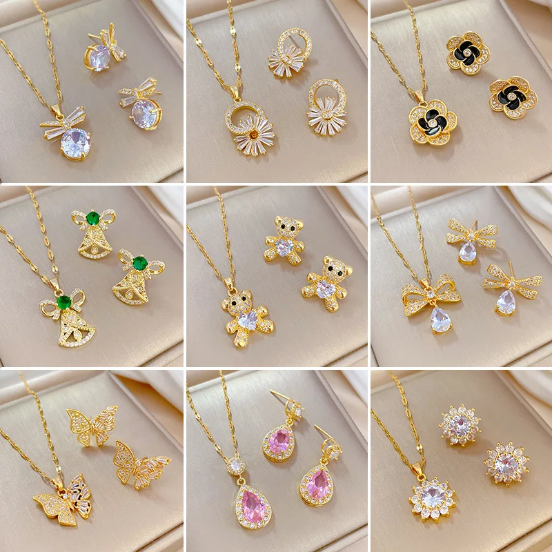 40 Kinds of Fashion Sweet Color Zircon Pendant Necklaces and Stud Earrings Jewelry Sets for Women Cute Christmas Gifts