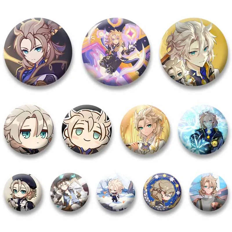 Game Figure Albedo Button Brooch Funny Genshin Impact Cartoon Badge Custom Round Jewelry Pins Clothes Backpack Nijigen Ornaments
