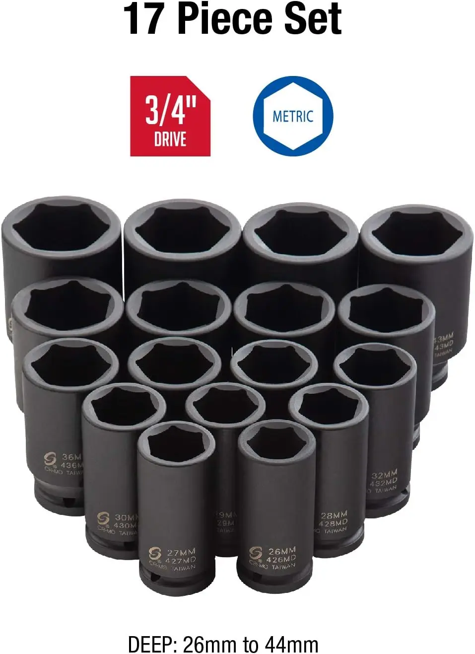 ex 4686, 3/4 Inch Drive Deep Impact Socket Set, 17-Piece, Metric, 26Mm-44Mm, Cr-Mo Alloy Steel, Radius Corner Design, Heavy