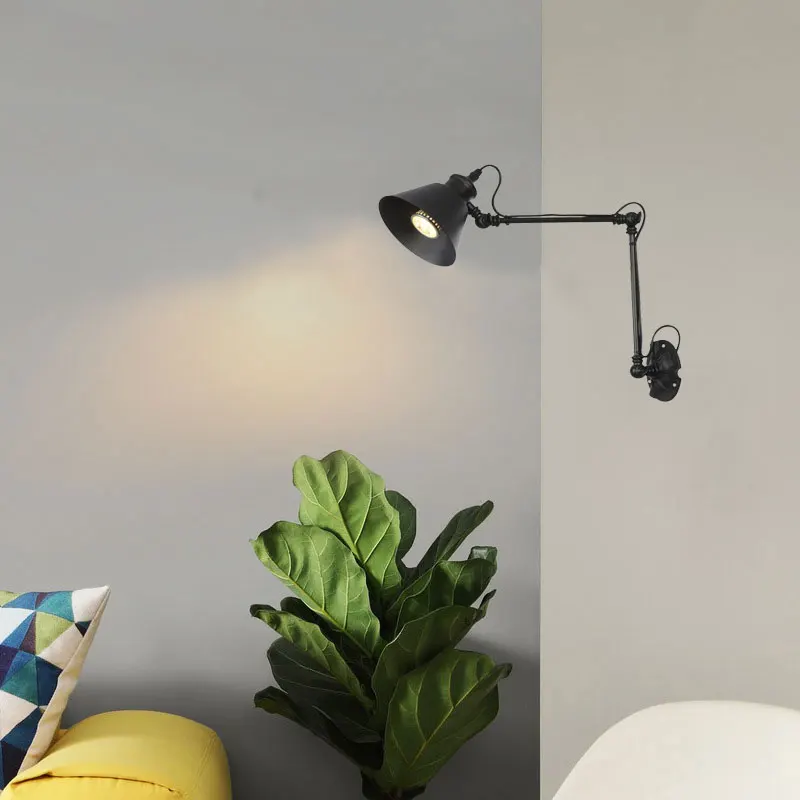 Retro American Arm Folding Wall Lamp Bedroom Study Hotel Room Bedside Reading Lamp Office Black Iron Art Wall Lamp