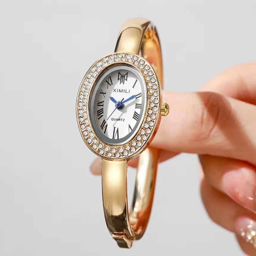 

Elegant Women's Oval Vintage Quartz Analog Watch, Shinny Rhinestones Fashionable Watch Perfect Gift