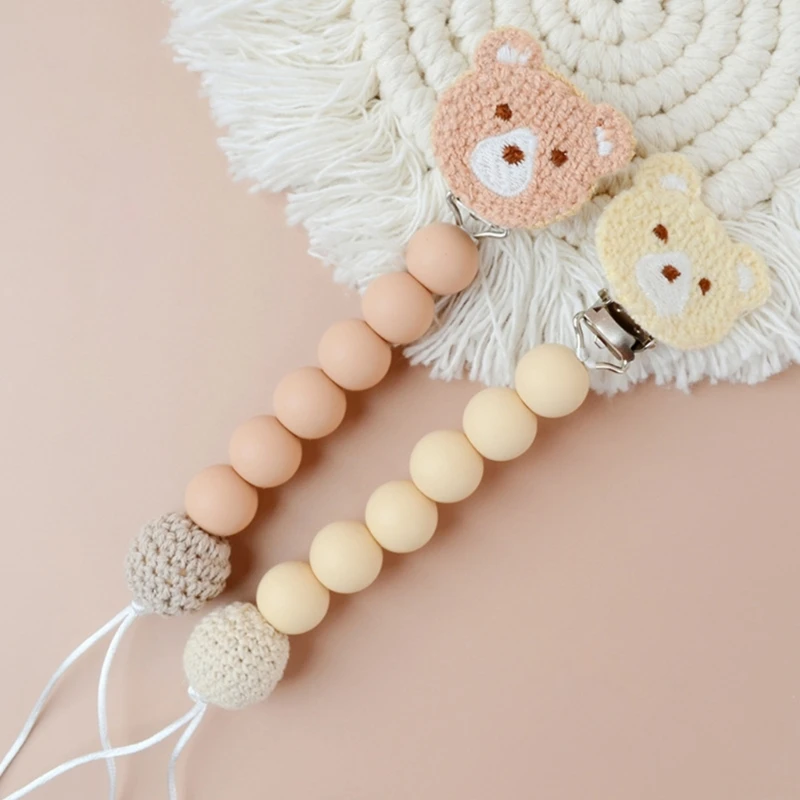 BPA Free Food Grade Silicone Baby Pacifier Clip Chains Soft Silicone Beads Cartoon Bear Newborn Nipple Clips Soother Holder