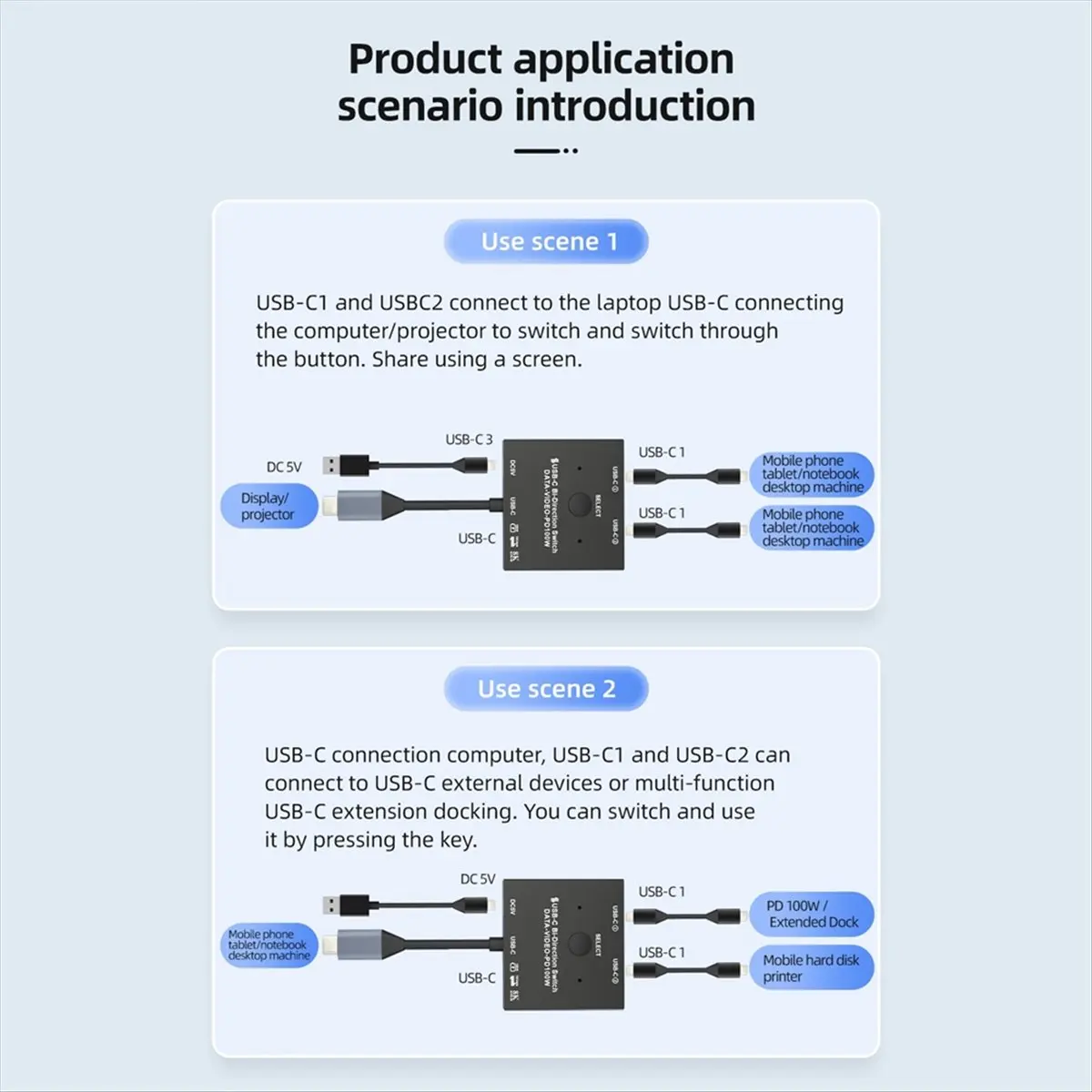A46U Bi-Directional USB C Switcher 100W Charging+10Gbps Data+8K Video Transfer 1x2/2x1 KVM Switch for 2 Laptops Monitor