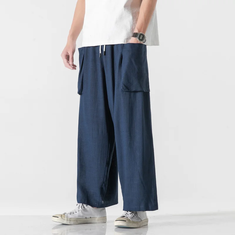 

Chinese Style Linen Plus Size Casual Wide Pants Male Harajuku Hakama Tai Chi Kung Fu Trousers Men Clothing Oversized Hanfu