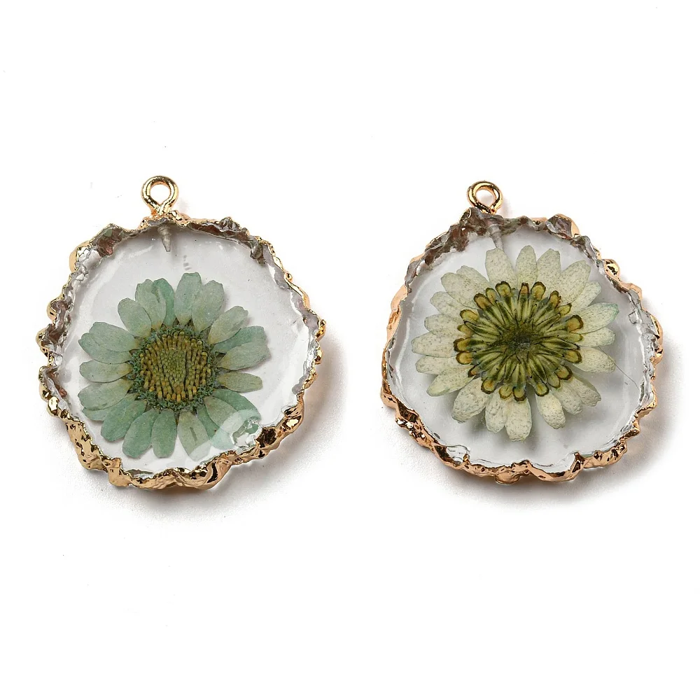 5 Pcs Inner Dried Flower Resin Pendants Flat Round Charms with Light Gold Plated Brass Edge Dark Sea Green Pendants for Women