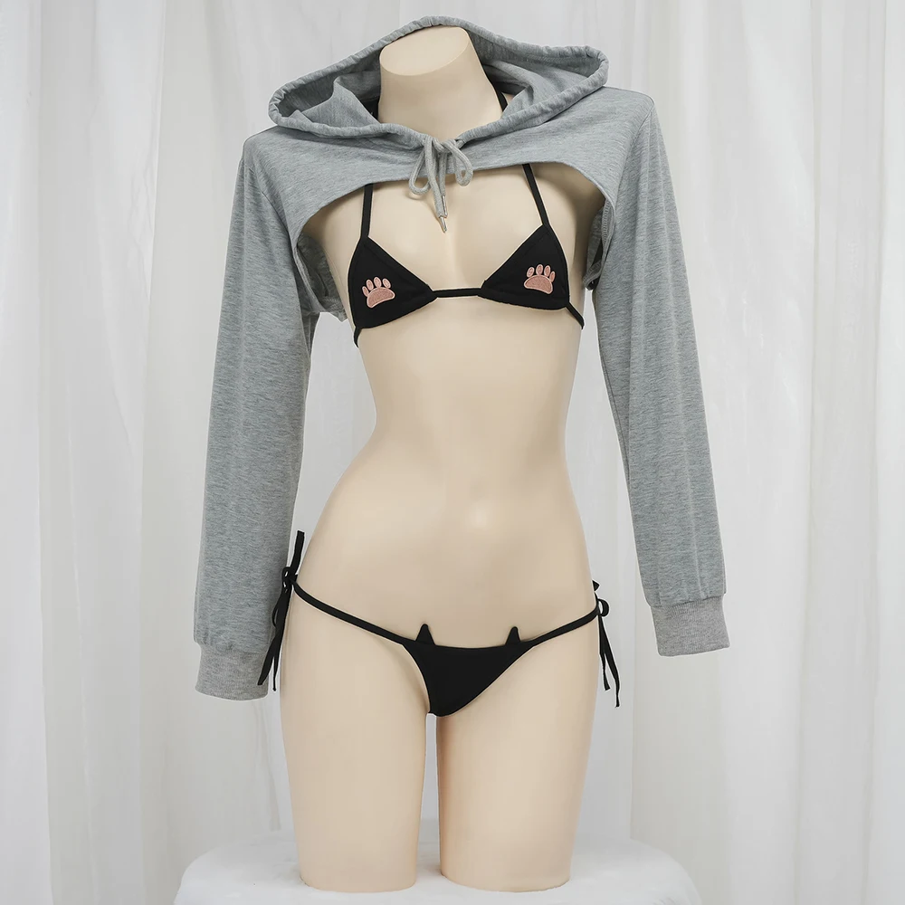 

Kawaii Anime Catwoman Cosplay Costume Sexy Girl Cat Paw Embroidery Bikinis Short Hooded Top Set Lingerie Beach Swimwear