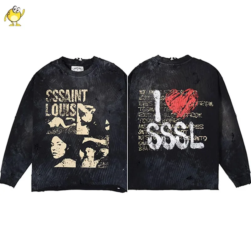 

New Long Sleeve Saint Louis T Shirt Men Woman 1:1 Graffiti Heart Damaged Round Neck High Street Vintage Top Washed Black