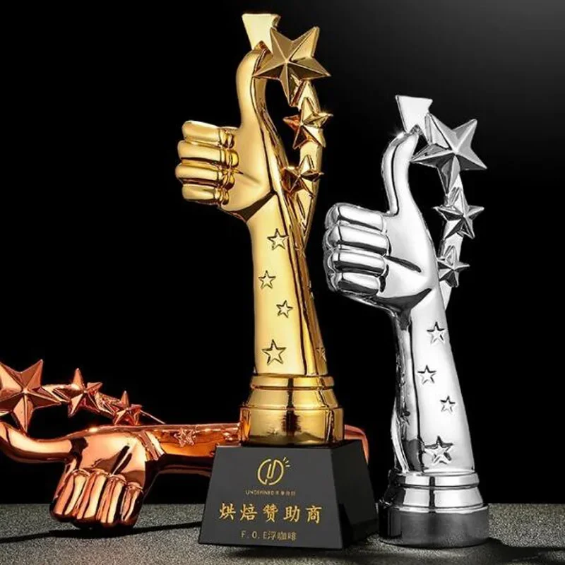 Customized Creative Thumb Pentagram Resin Trophy Souvenir Reward Home Decoration Honor Gold Silver Copper Crystal Base Medal 1Pc