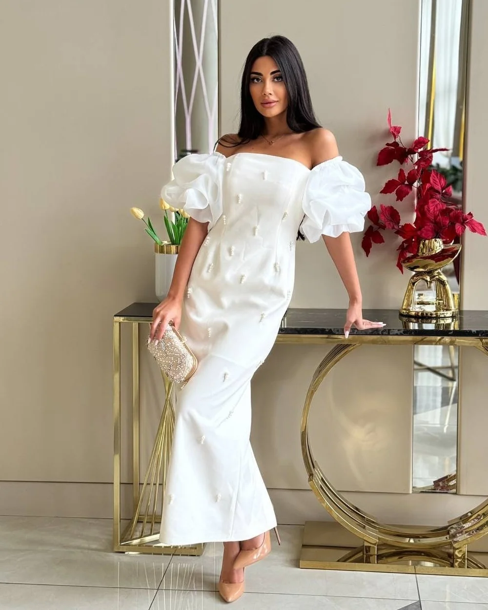 

Customized Intricate Jersey Pearl Pleat Straight Off-the-shoulder Midi Dresses Cocktail High Quality Exquisite Classic Fashion