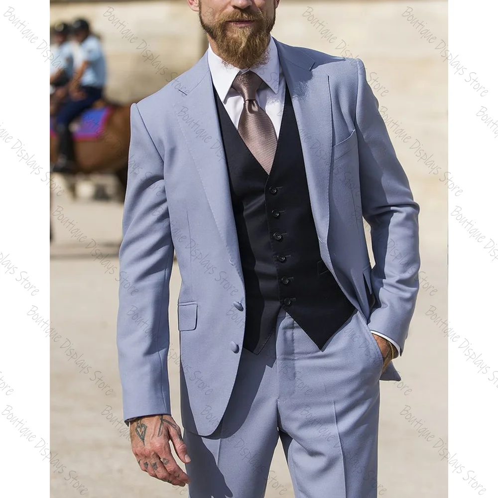

Sky Blue Men Suit Single-breasted Peak Lapel 3 Pieces(Jacket+Pants+Vest) Male Formal Wedding Party Set